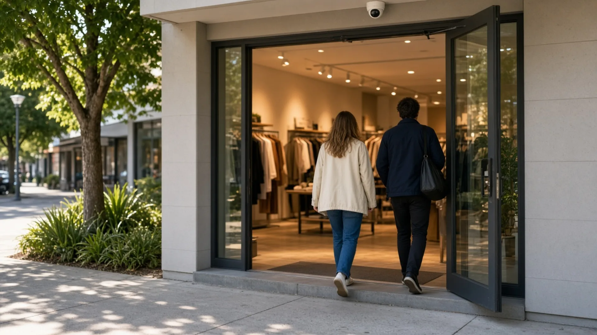 Shop entrance with people walking in